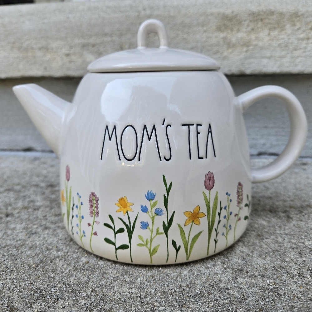 Rae Dunn "MOM'S TEA" Mother's Day Floral Teapot Artisan Collection Gift